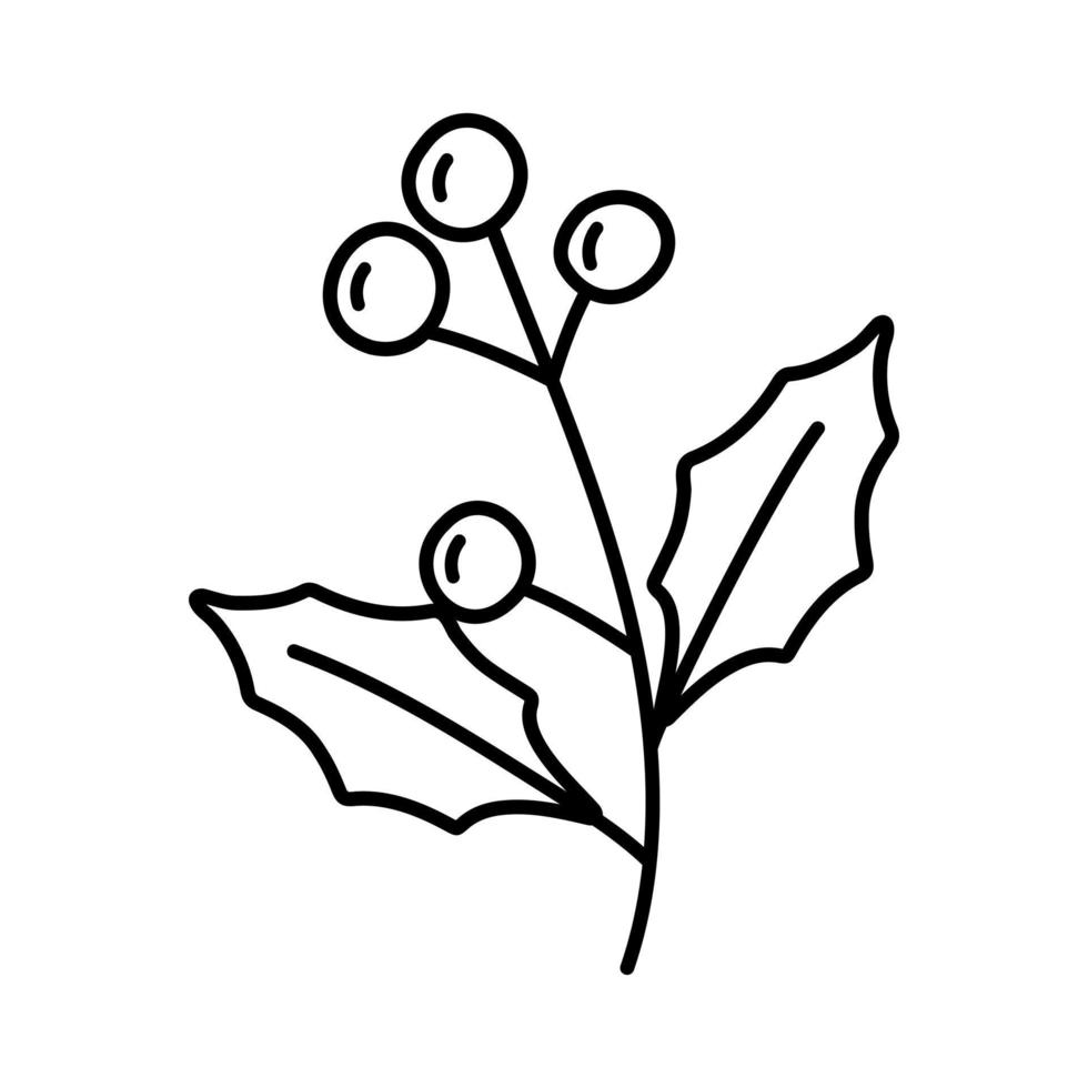 Single hand drawn line Holly branch with berries for New Year and Christmas greeting cards, posters, stickers and seasonal design. vector