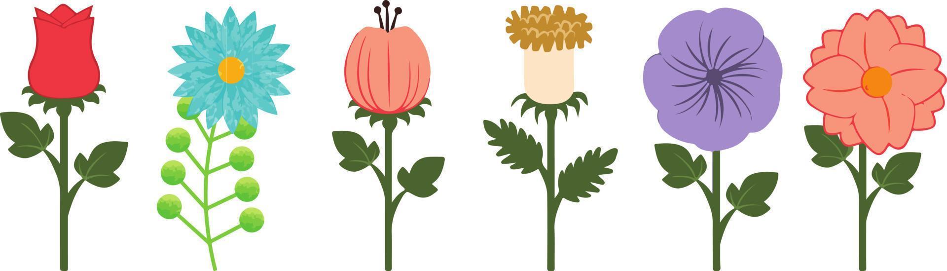 hermosas flores multicolores y borde de hojas. ilustración de vector plano botánico de primavera sobre fondo blanco