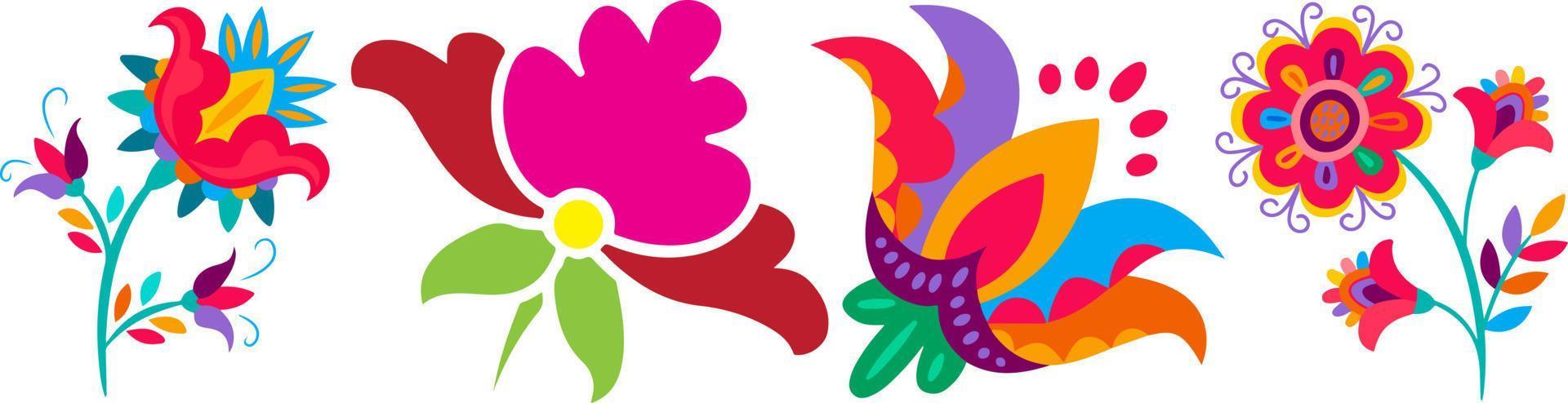 hermosas flores multicolores y borde de hojas. ilustración de vector plano botánico de primavera sobre fondo blanco