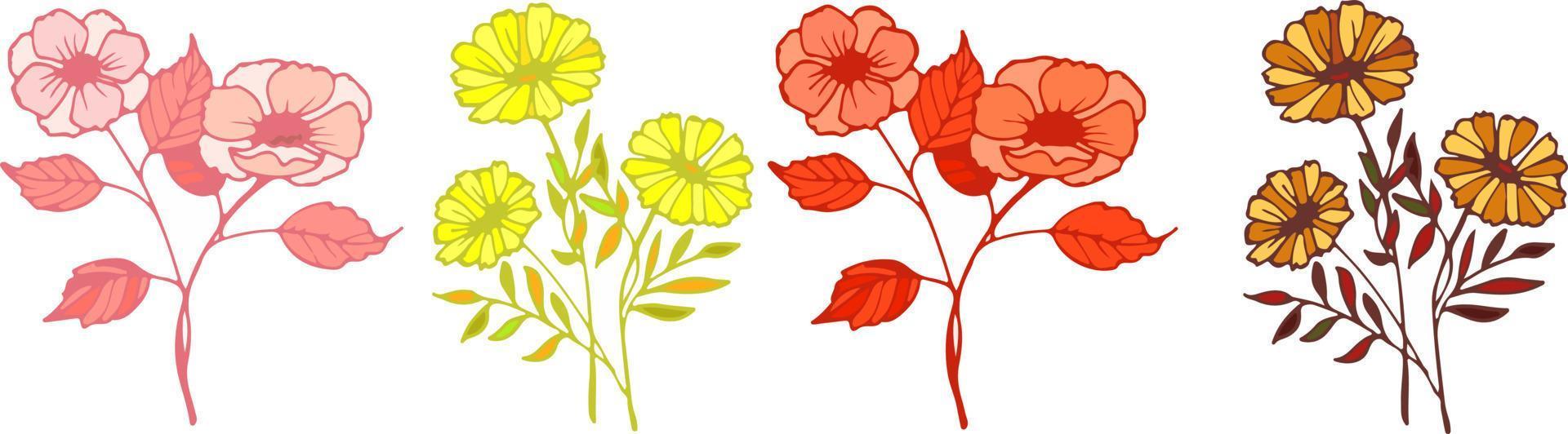 hermosas flores multicolores y borde de hojas. ilustración de vector plano botánico de primavera sobre fondo blanco
