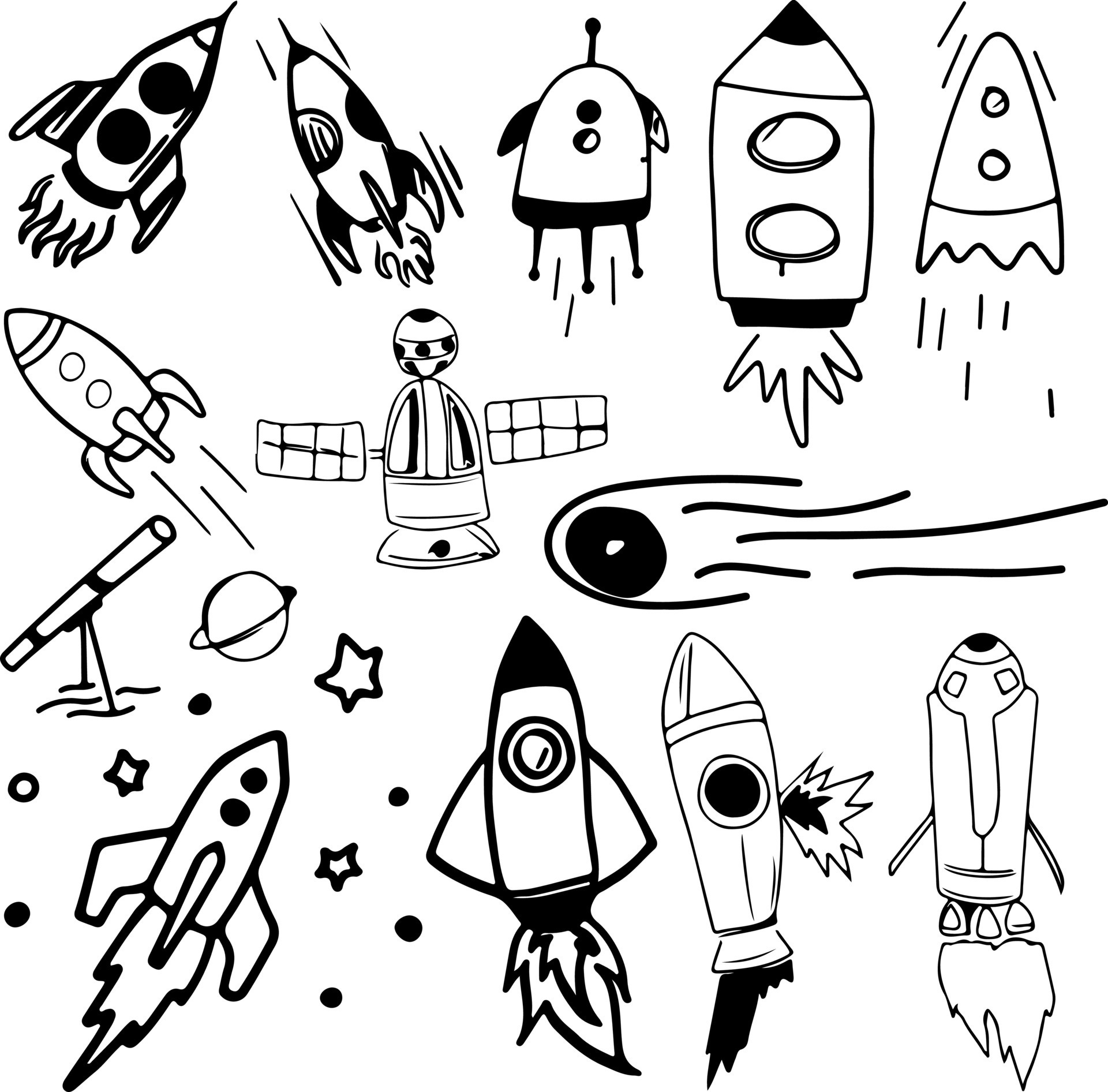 Satellite cosmos astronomy spaceship doodles vector outline artwork ...