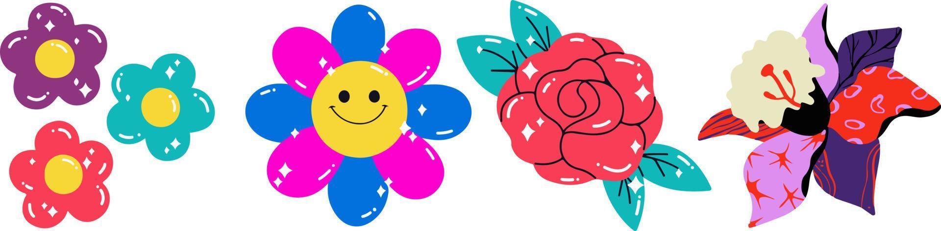 Gorgeous multicolored blooming flowers and leaves border. Spring botanical flat vector illustration on white background