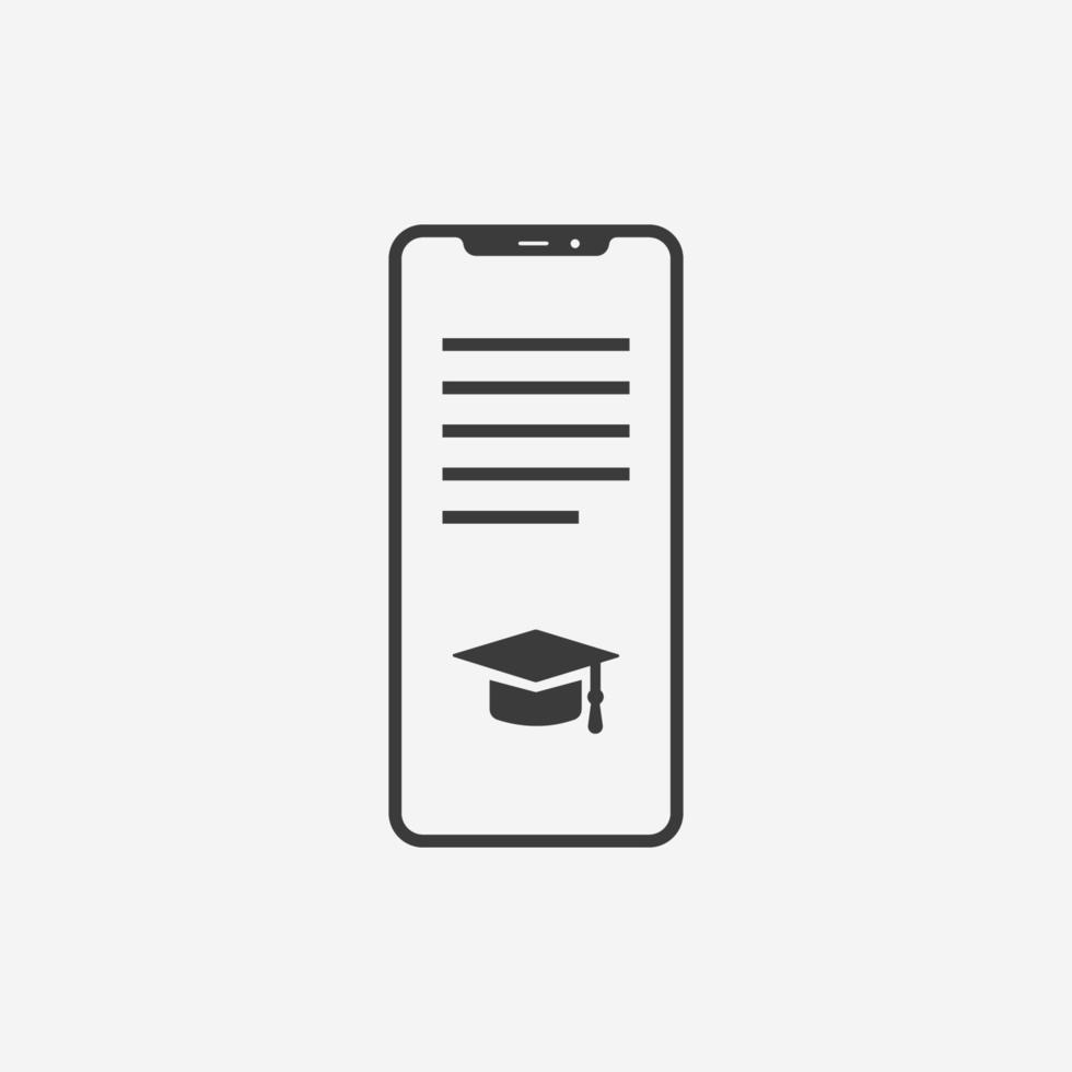 online education icon vector isolated. phone with mortarboard, hat, cap symbol sign