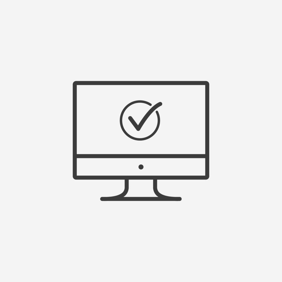 vector de icono de compra en línea aislado. pantalla de monitor de computadora con signo de símbolo de marca de verificación