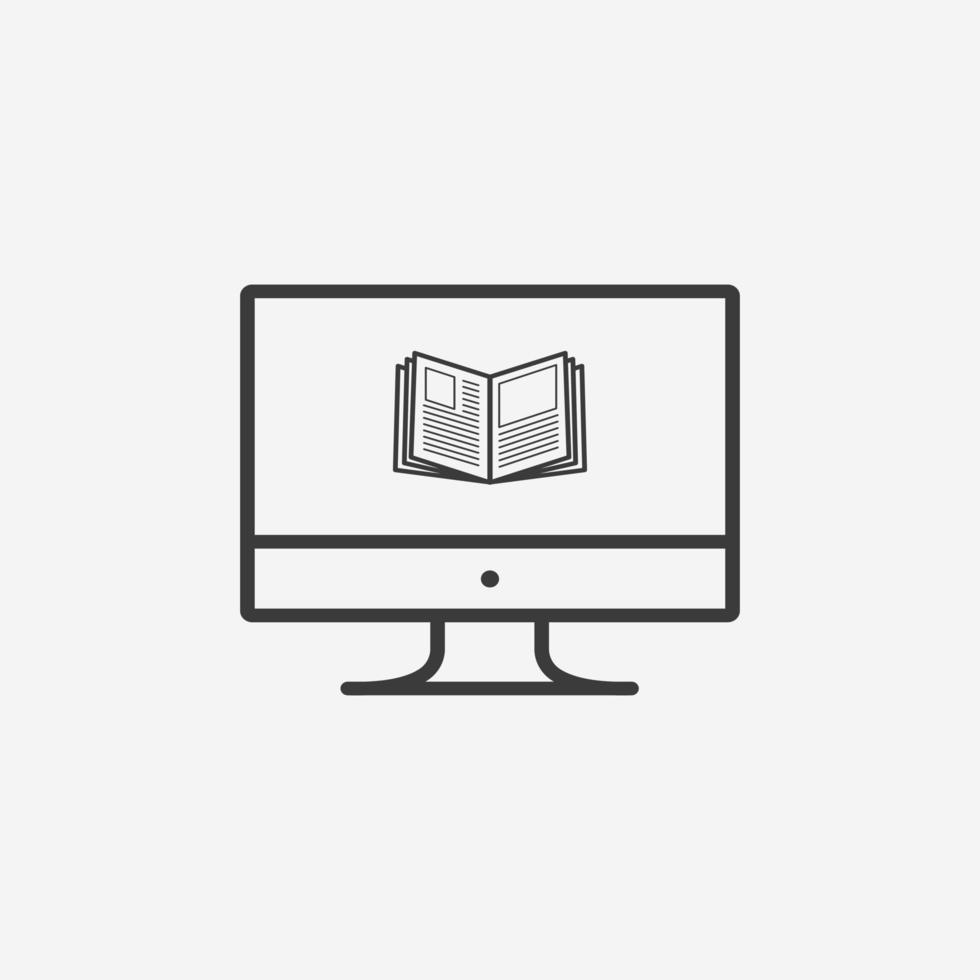 vector de icono de educación en línea. monitor de computadora con signo de símbolo de libro