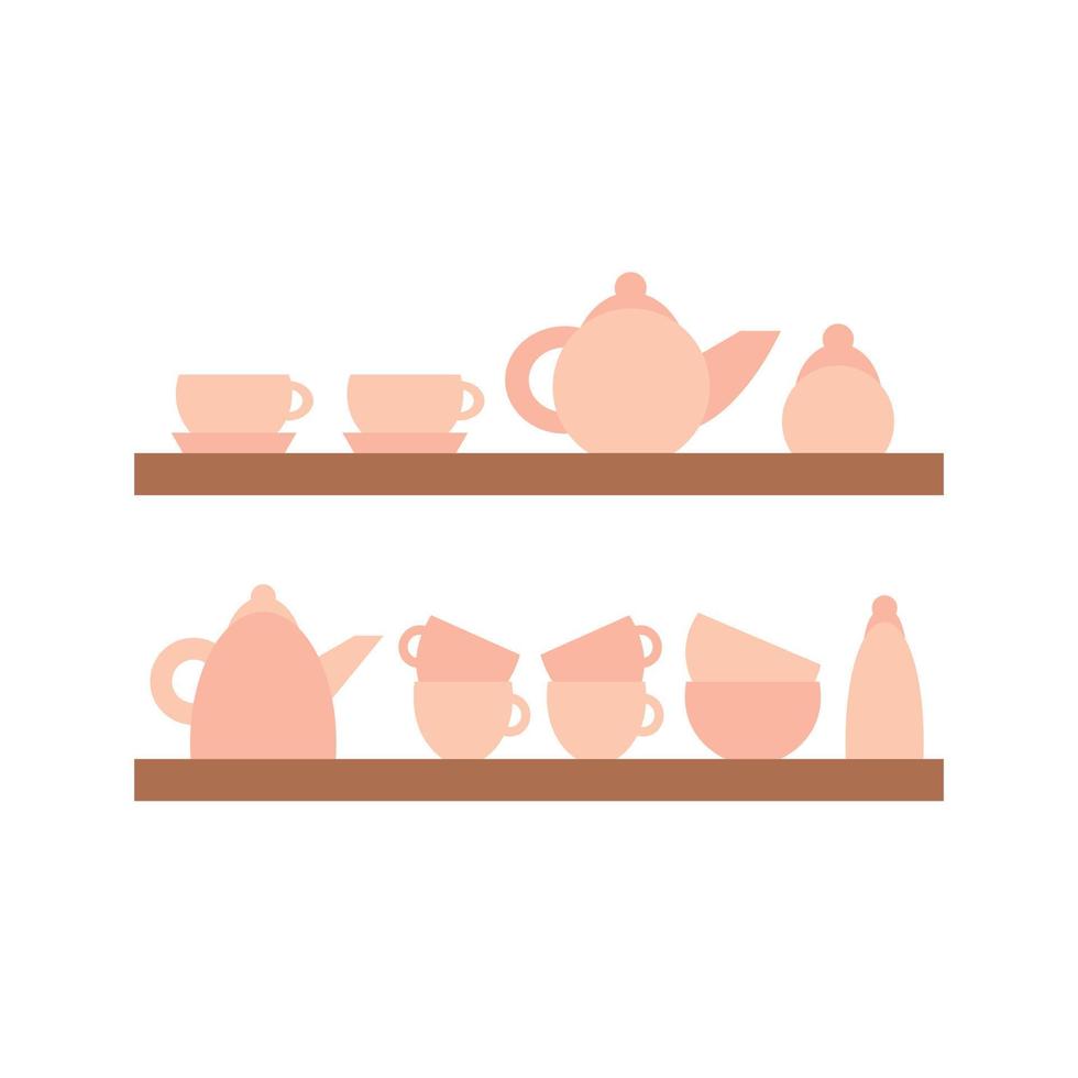 Vector kitchen utensils on shelves set. Flat style cooking tools isolated. Plates, bowls, teapot and cups