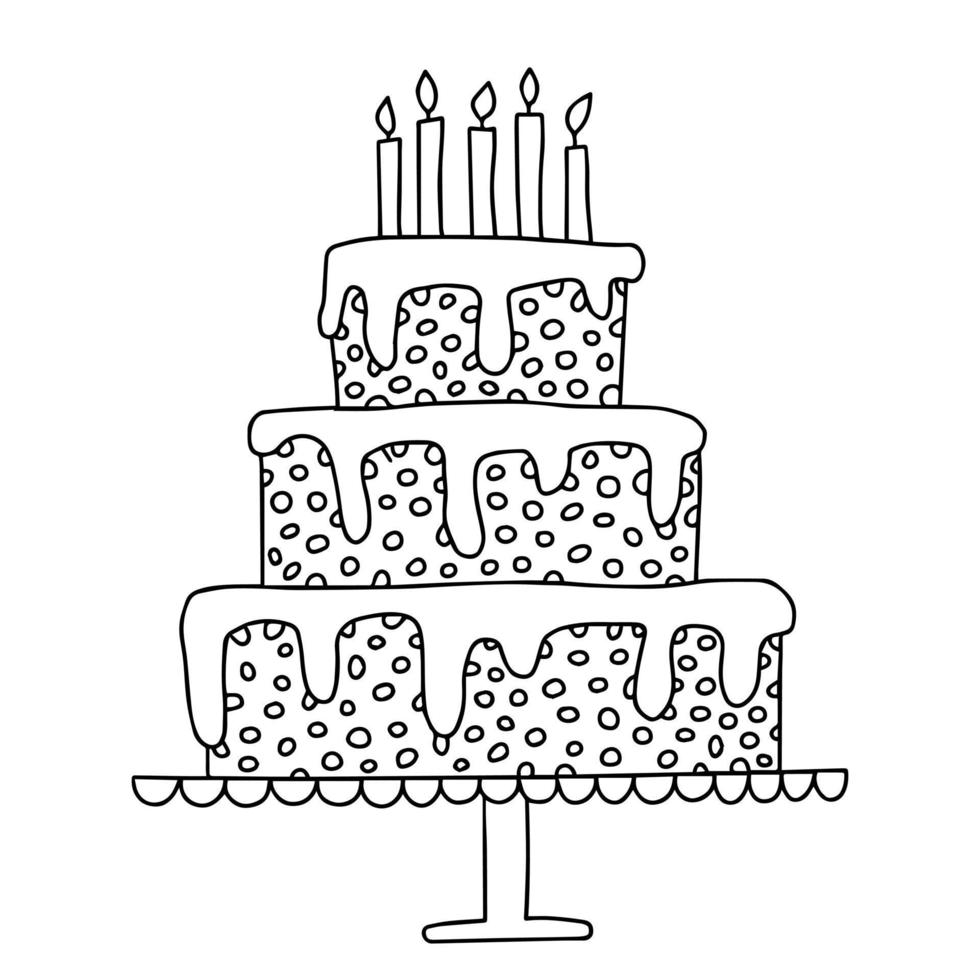 feliz cumpleaños página para colorear. página para colorear con velas y pastel de cumpleaños de garabato vector