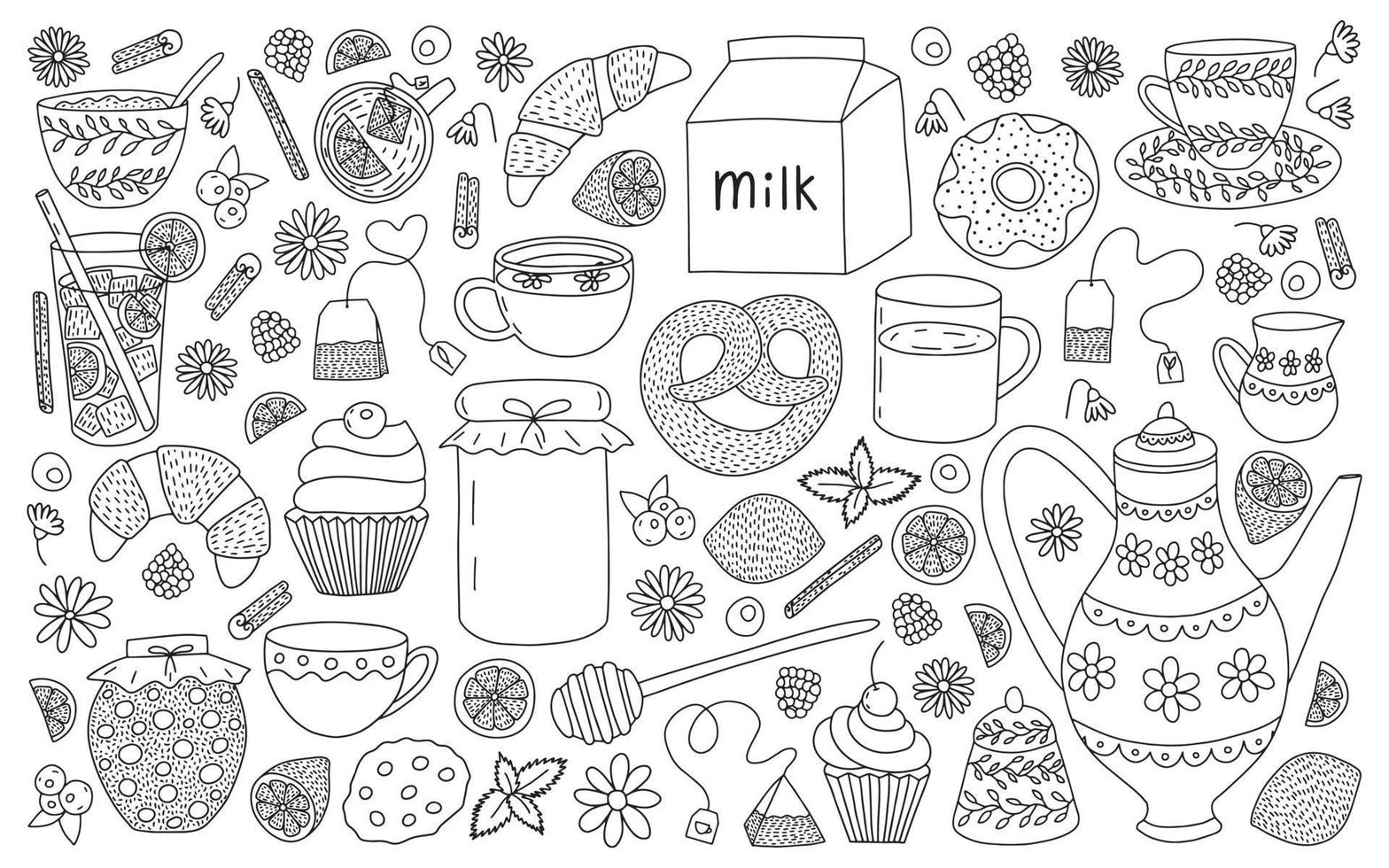 Vector tea ceremony hand drawn set. Tea collection vector doodle set. Teapot, cup, flowers, desserts, jam and croissant isolated. Breakfast ideas