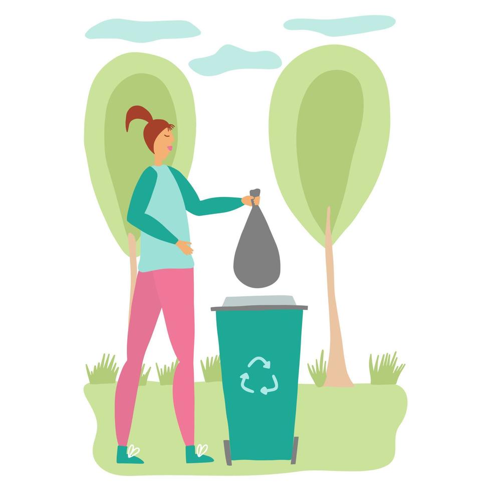 Woman throws away trash into can trash. Zero waste concept. Woman throws garbage outdoors vector