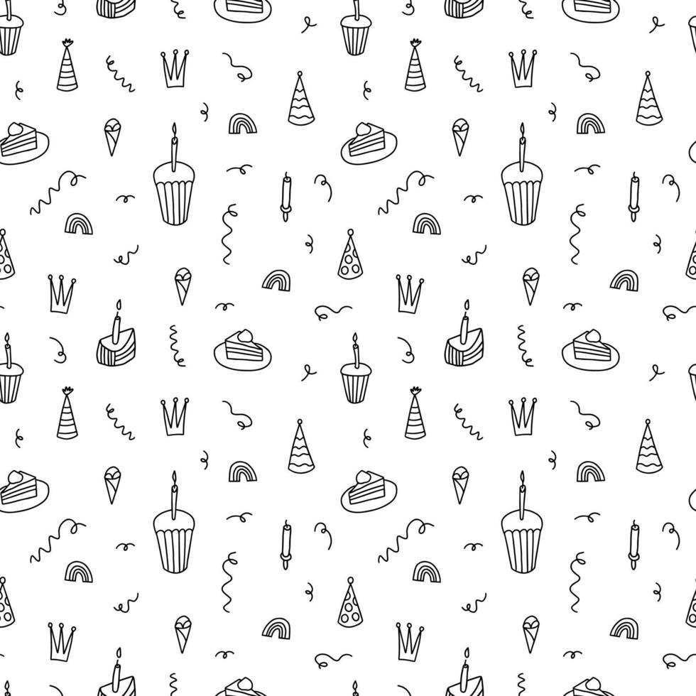 Party elementsa doodle pattern. Vector hand drawn happy birthday seamless pattern