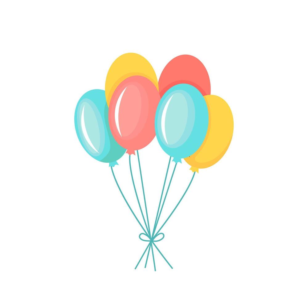 Balloon in cartoon style. Bunch of balloons for birthday and party. Flying ballon with rope. Blue, red and yellow ball isolated on white background. Flat icon for celebrate and carnival. Vector. vector