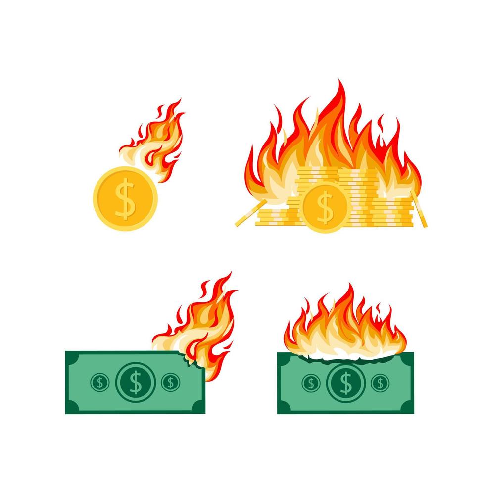 Set of money on fire inflation illustrations economic crisis vector