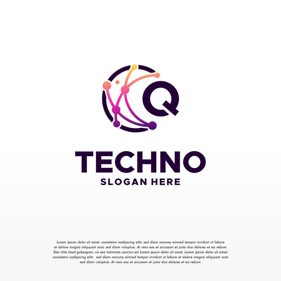 q diseño de logotipo de tecnología de píxel inicial vector de concepto, logotipo de cable digital de Internet de red