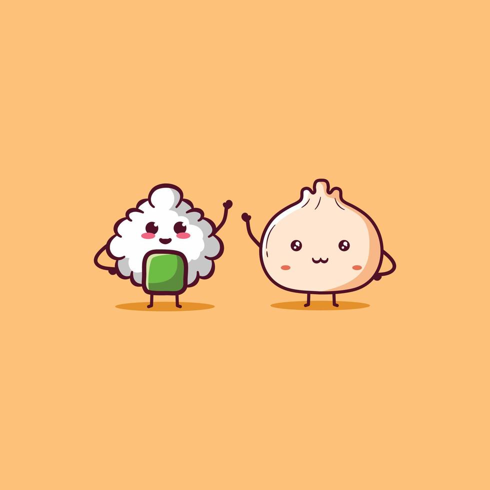 linda ilustración de dibujos animados de mascota kawaii onigiri y dimsum vector