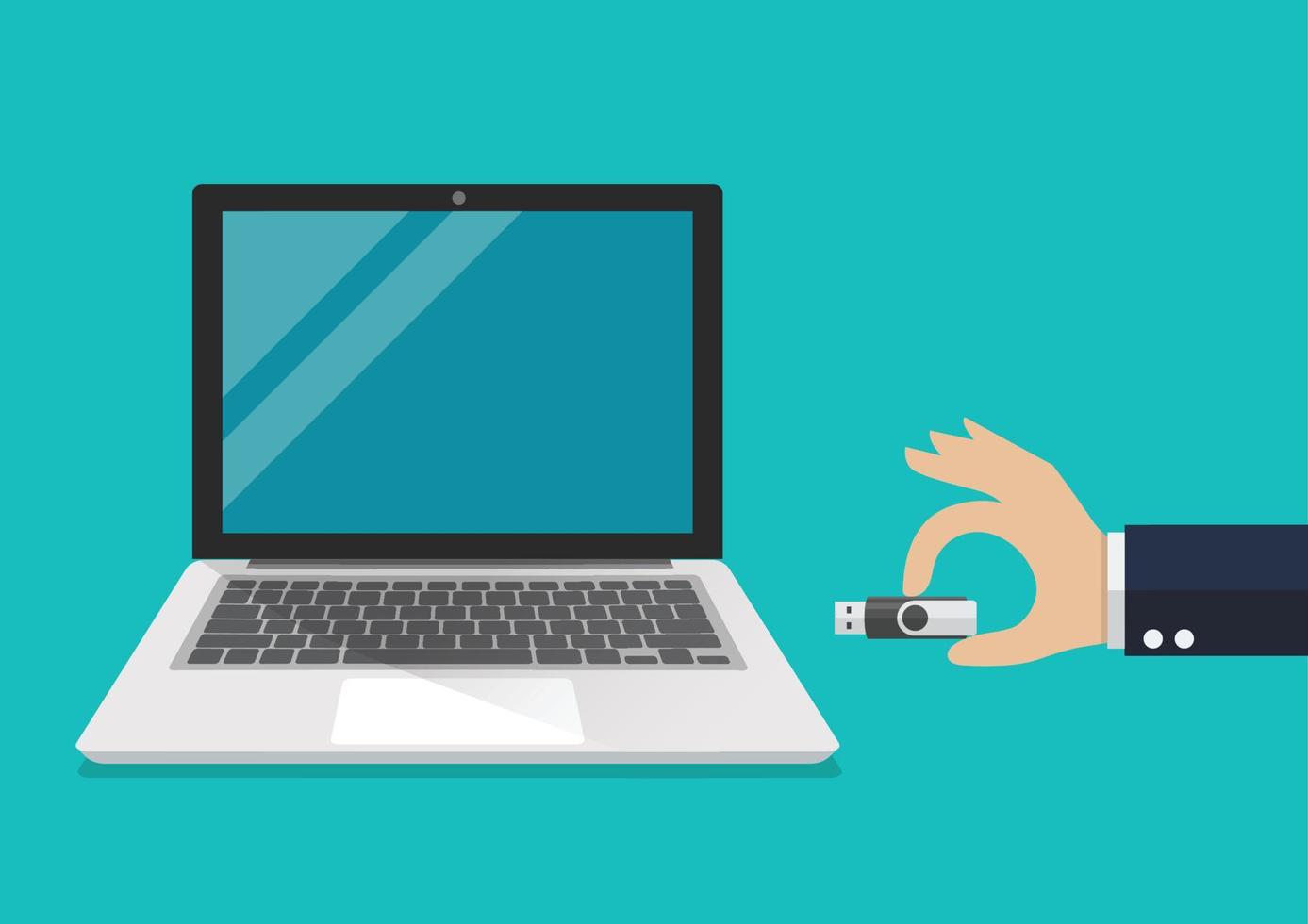 Businessman hand holding usb flash drive to connect a computer laptop vector