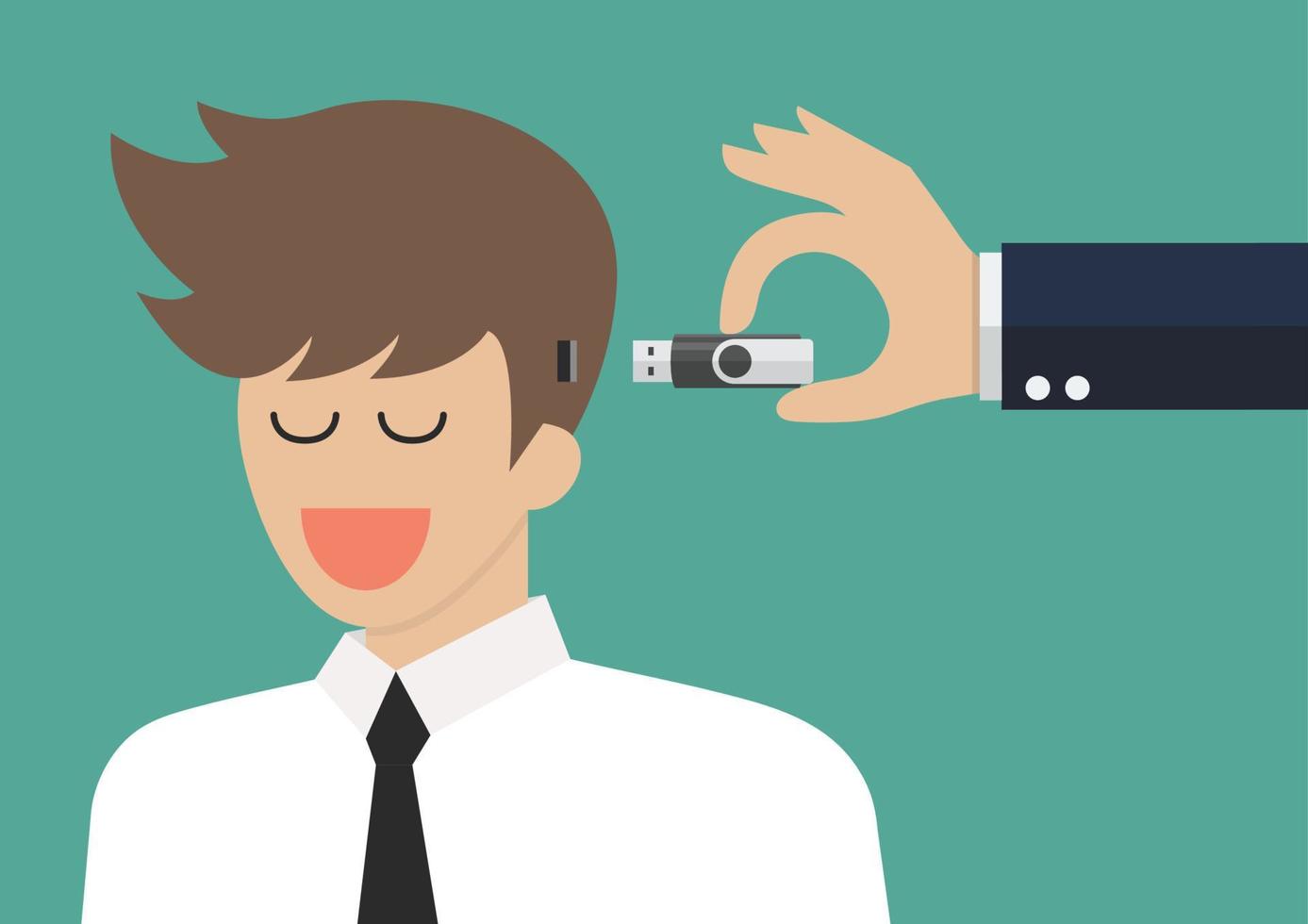 Hand holding usb flash drive to connect other businessman head vector