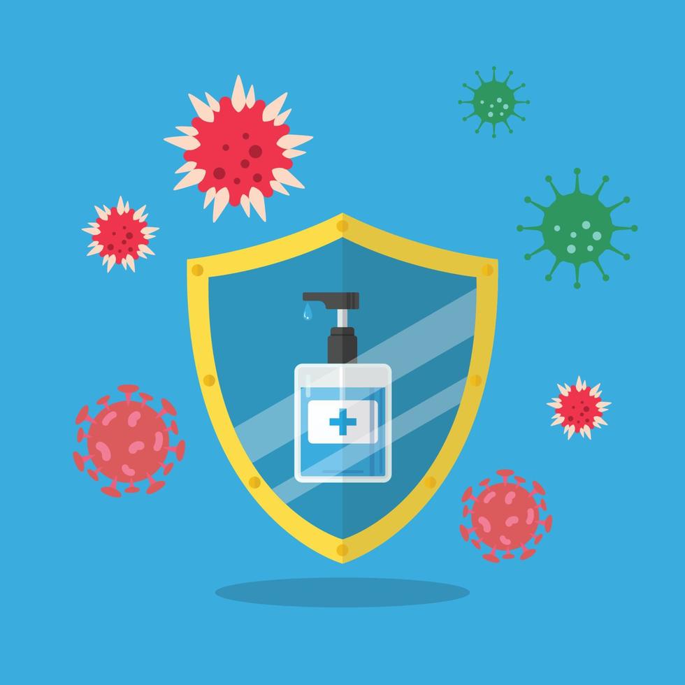 Hand sanitizer pump bottle with shield protecting virus vector