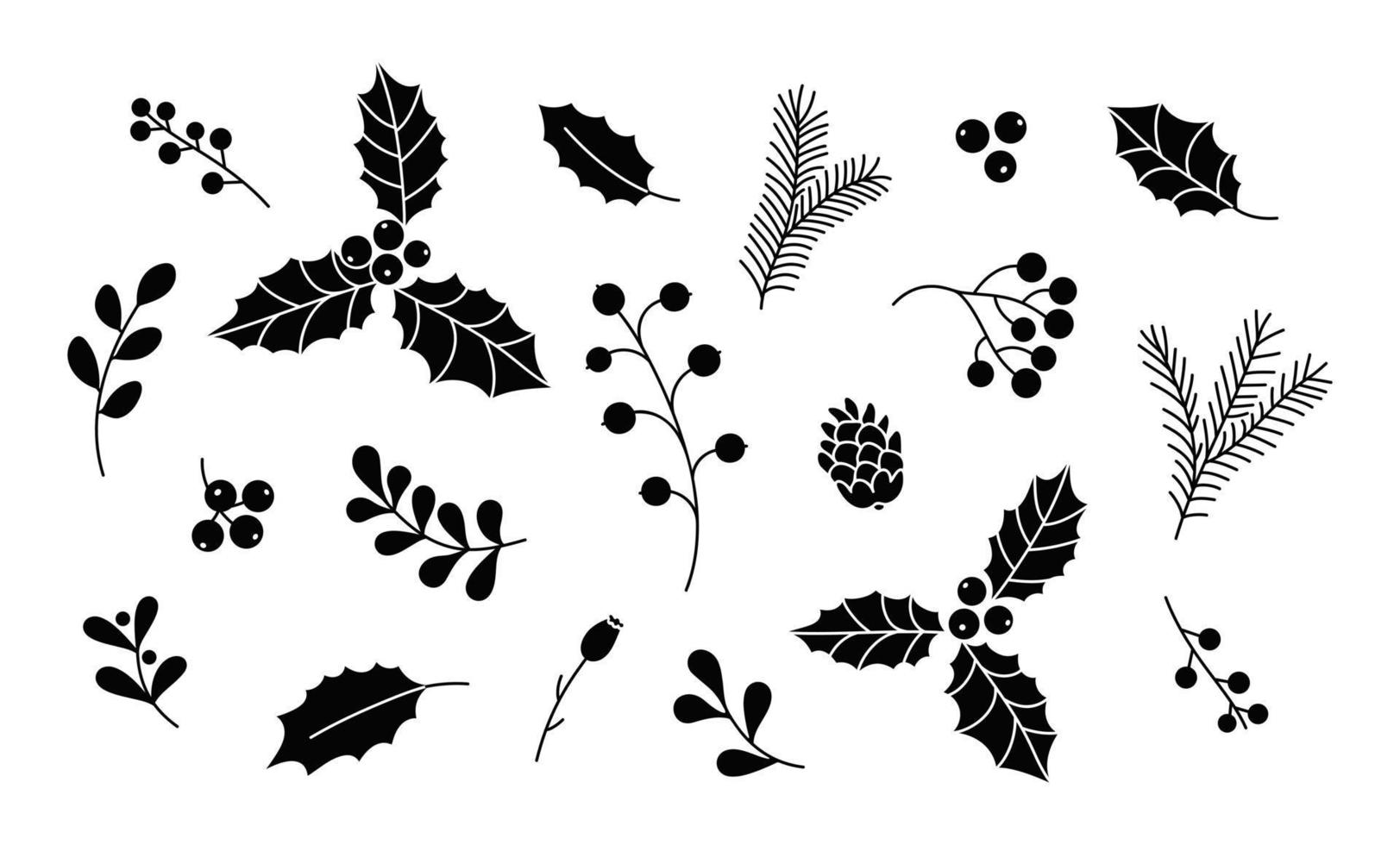 Christmas vector plants, holly berries, Christmas tree, mistletoe, pine, berries, branches with leaves, holiday decoration, winter symbols isolated on a white background. Black nature silhouettes.