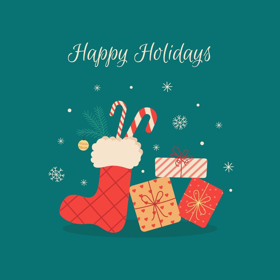 Christmas card on a green background with gift boxes, red Christmas stocking, snowflakes, a branch of a Christmas tree. Flat cute illustration. vector