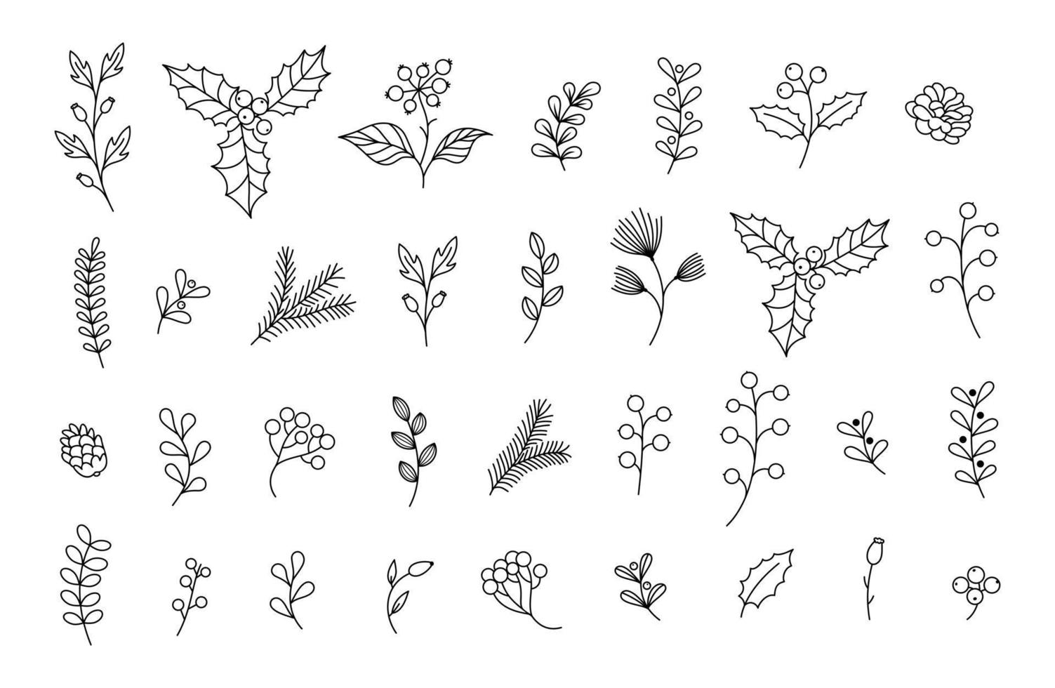 Collection of Christmas vector plants, holly, fir, mistletoe, berries, pine, leaves, branches, holiday decoration, winter symbols isolated on a white background. Black line art.