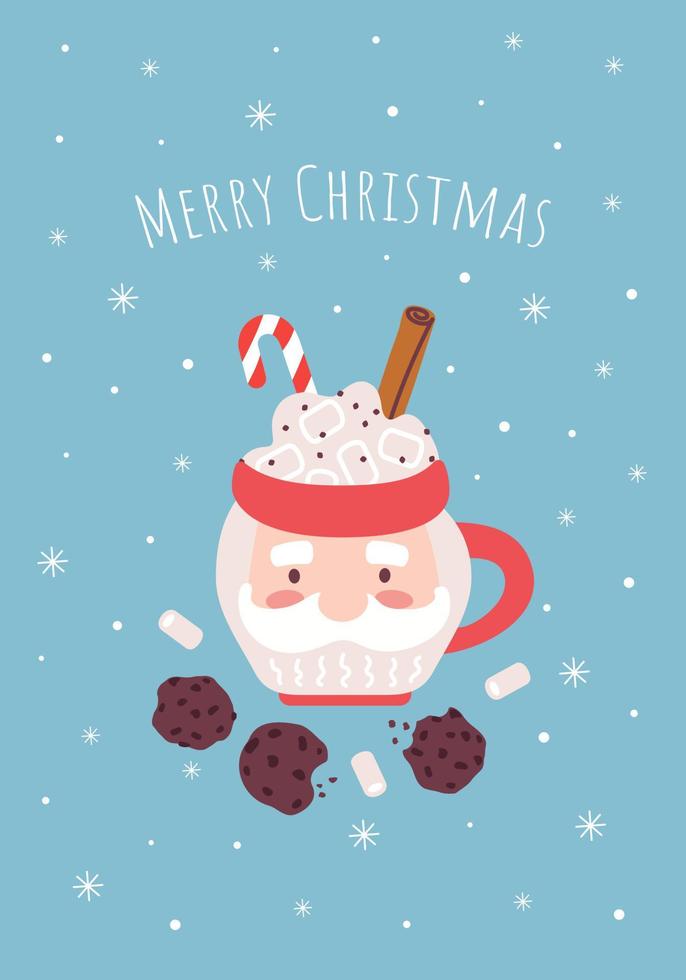 Cute Christmas mug in the form of Santa Claus with hot chocolate, marshmallows, cookies and candy cane. Christmas greeting card or banner. vector