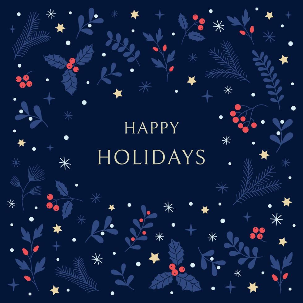 tarjeta de felicitación navideña con elementos decorativos dibujados a mano, acebo, copos de nieve, poinsettia. ilustración plana lindo vector moderno.