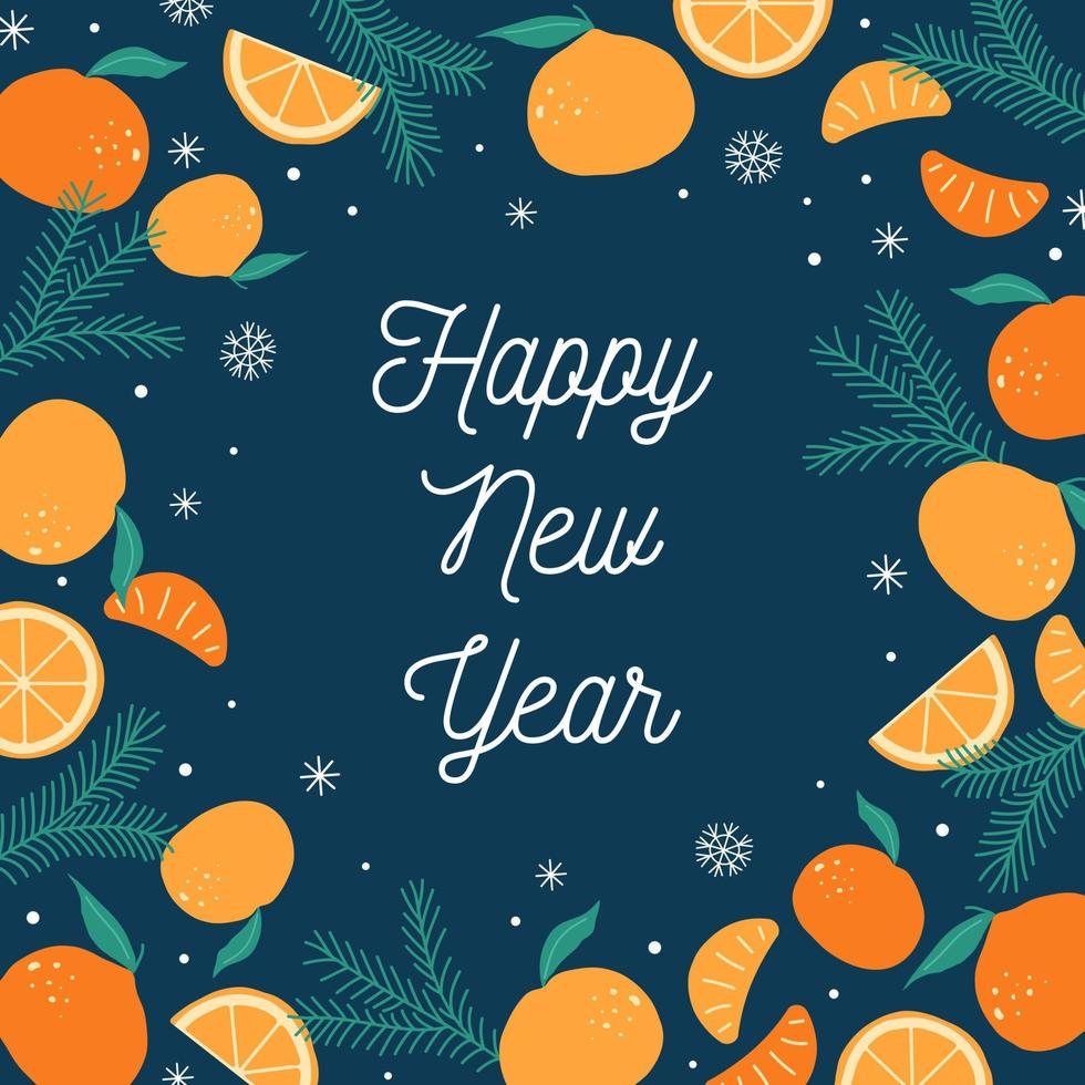 tarjeta de felicitación brillante, navidad, feliz año nuevo con elementos decorativos navideños festivos. fondo azul oscuro con ramas de árboles de navidad, naranjas y copos de nieve. ilustración vectorial vector