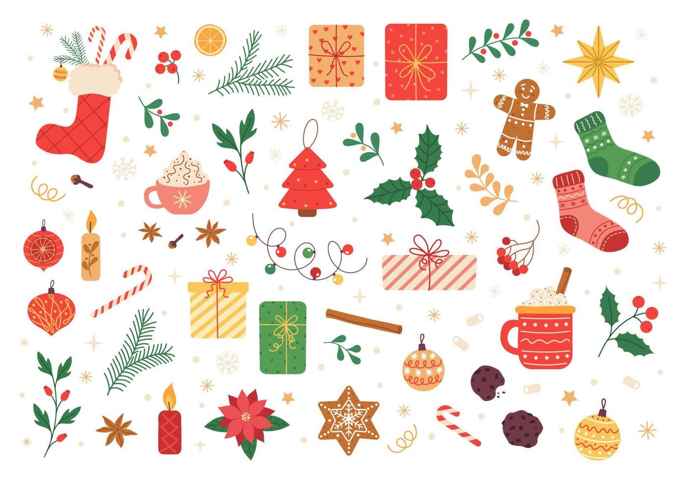 Vector set of holiday  christmas  icons, holly, christmas ornaments, gingerbread cookies, candles, gift, cacao mug. Vector illustration for Christmas time. Scrapbook collection. Winter greeting card.