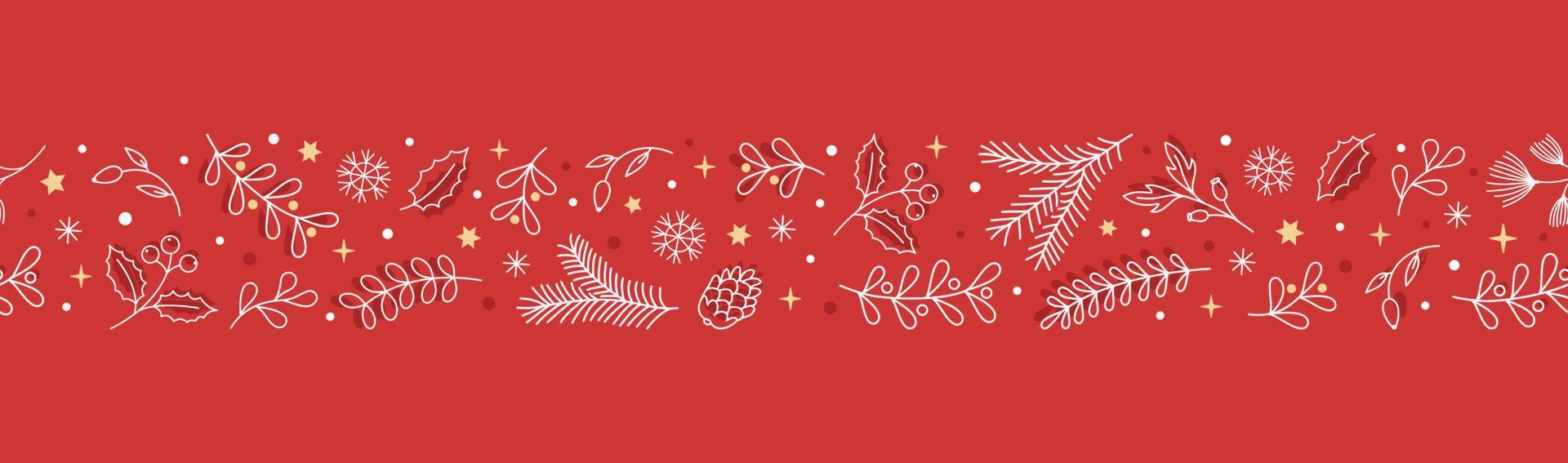 Festive hand drawn horizontal seamless border with winter branches, holly, mistletoe, snowflakes, berries. Red background. Christmas design, great for decorations, prints, postcards. vector
