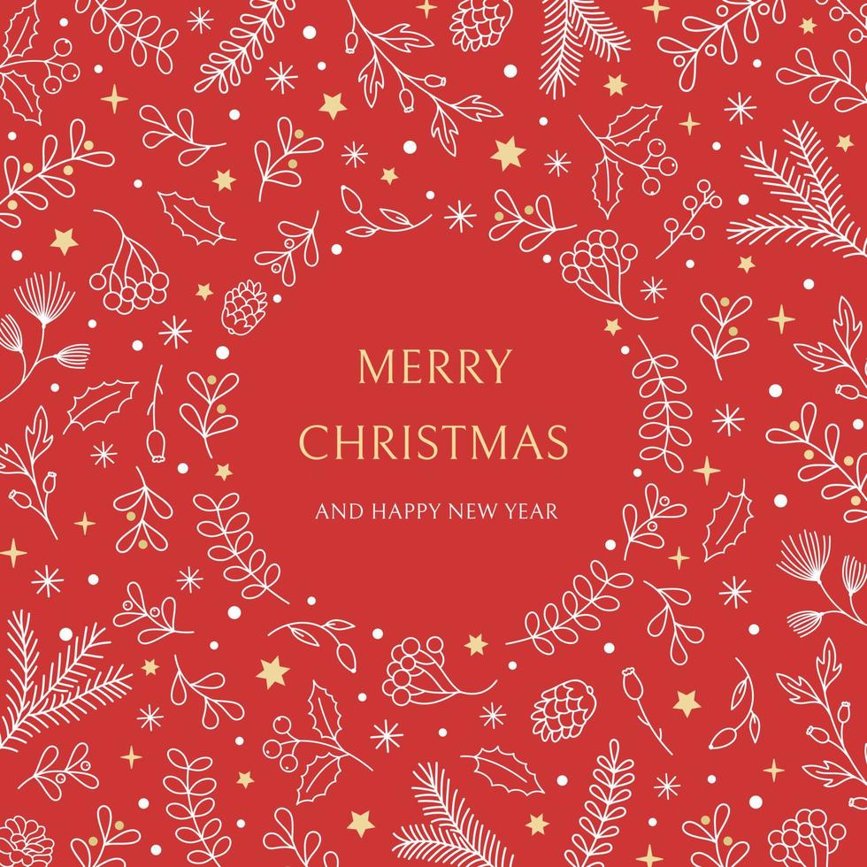 tarjeta de felicitación navideña con elementos decorativos dibujados a mano, acebo, copos de nieve, muérdago. ilustración plana lindo vector moderno.