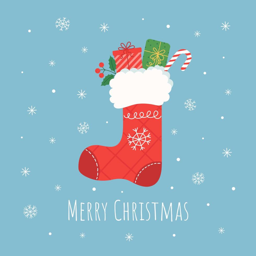 Christmas red stocking with gifts, candy cane and holly branch, snowflakes. Christmas greeting card. Flat cartoon vector illustration