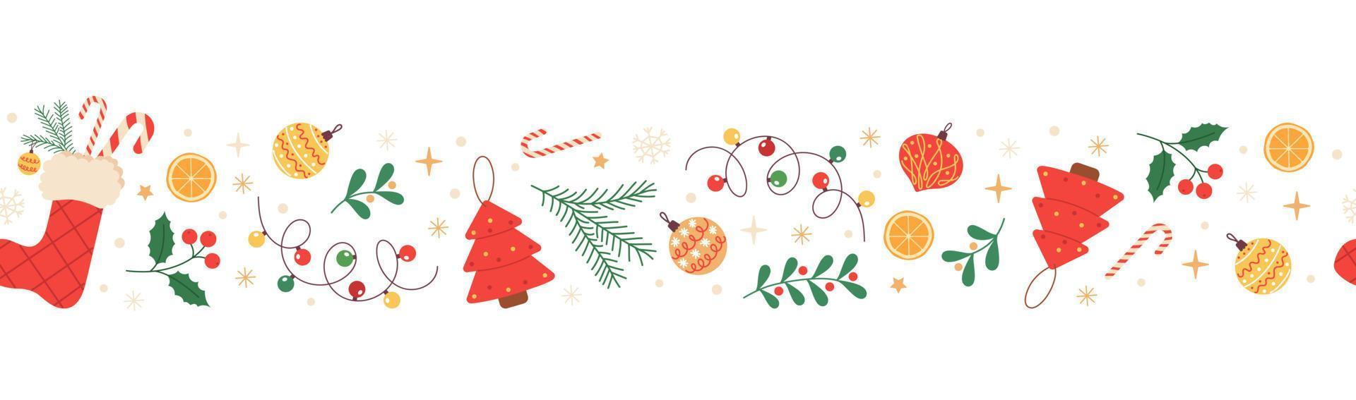 borde horizontal sin costuras de navidad con acebo, calcetín de navidad, copos de nieve, bastón de caramelo y adornos navideños. patrón festivo para tarjetas de felicitación, pancartas, invitaciones, textiles. vector