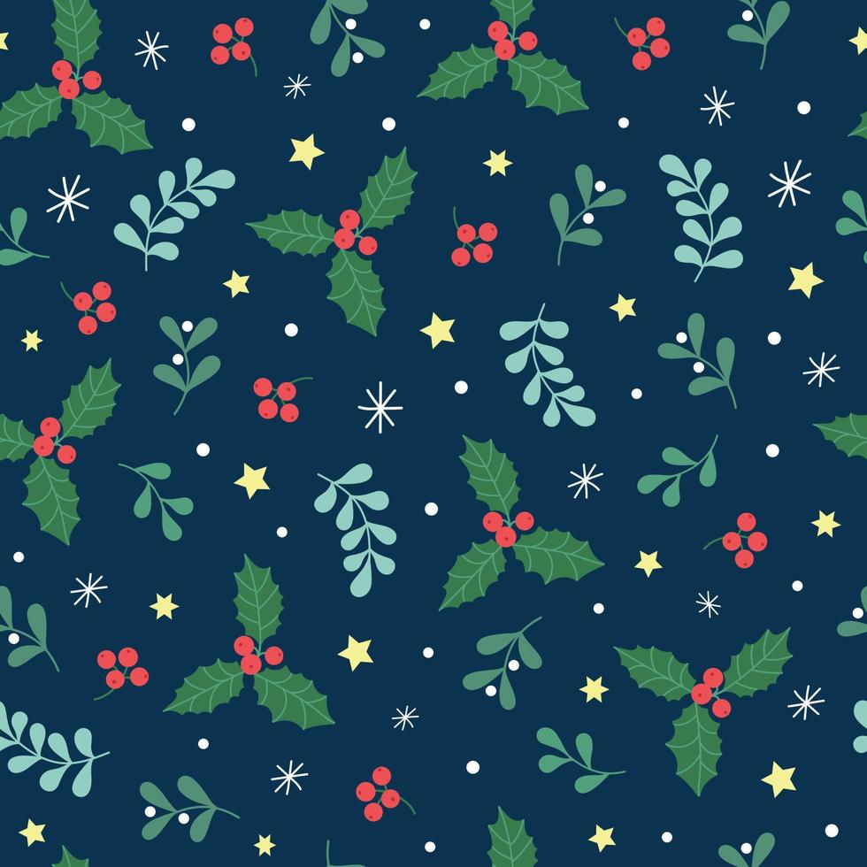 Seamless Christmas pattern with hand drawn decoration elements, holly, snowflakes, mistletoe. Ideal for backgrounds, wrapping paper, scrapbooking, decoration for greeting cards, invitations. vector