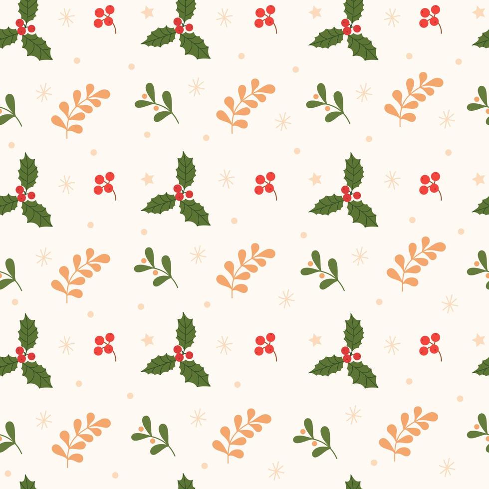 Seasonal Christmas seamless vintage pattern with holly, berries, mistletoe, snowflakes and branches. Traditional design. Cartoon flat style. vector