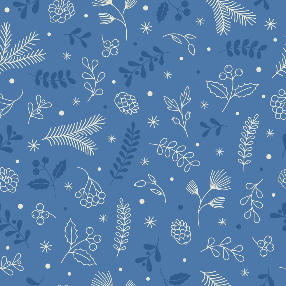Winter seamless pattern with christmas tree branches, holly, mistletoe. Christmas background vector