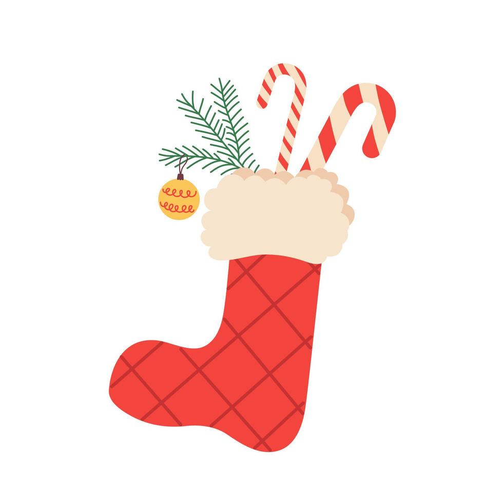 Christmas stocking with sweets and a branch of a Christmas tree. Flat cartoon vector illustration.