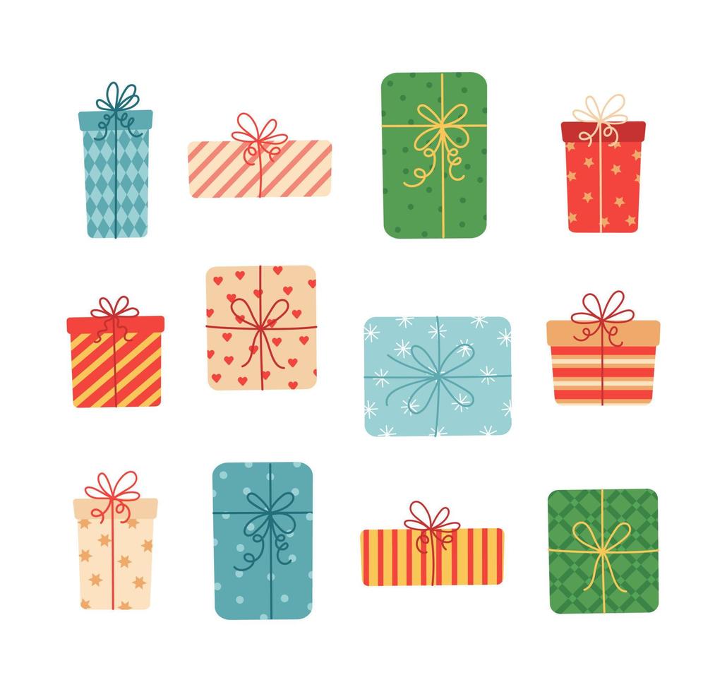 conjunto de regalos de navidad, diferentes cajas con cintas, ilustración vectorial en estilo de dibujos animados planos. vector