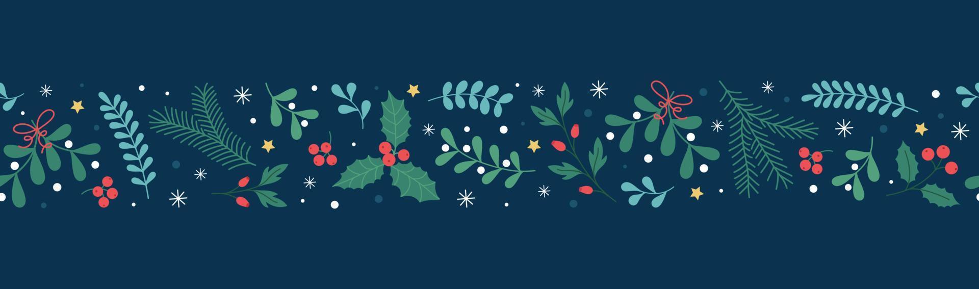 borde sin costuras de navidad con muérdago, acebo, árbol de navidad y bayas. el patrón con ramas y decoraciones es adecuado para postales, invitaciones, textiles. diseño de dibujos animados de flotador vectorial. vector