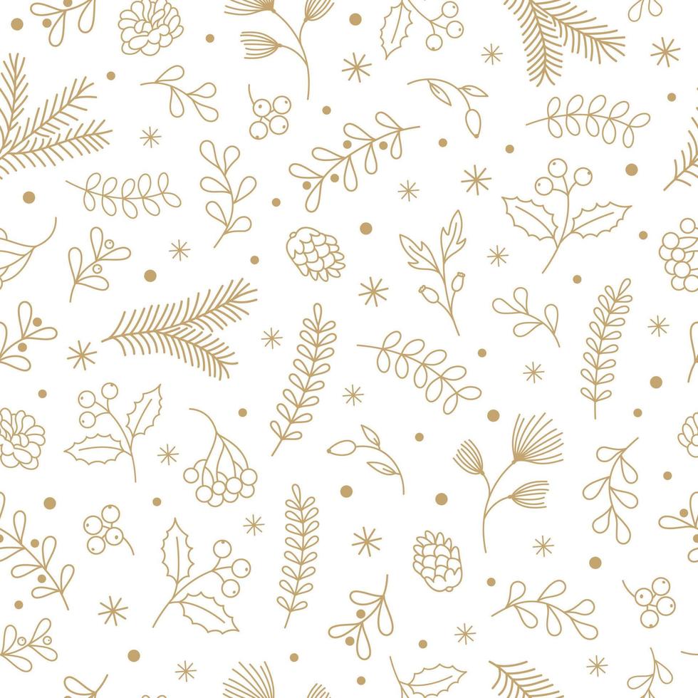 Winter seamless pattern with christmas tree branches, holly, mistletoe. Christmas background vector