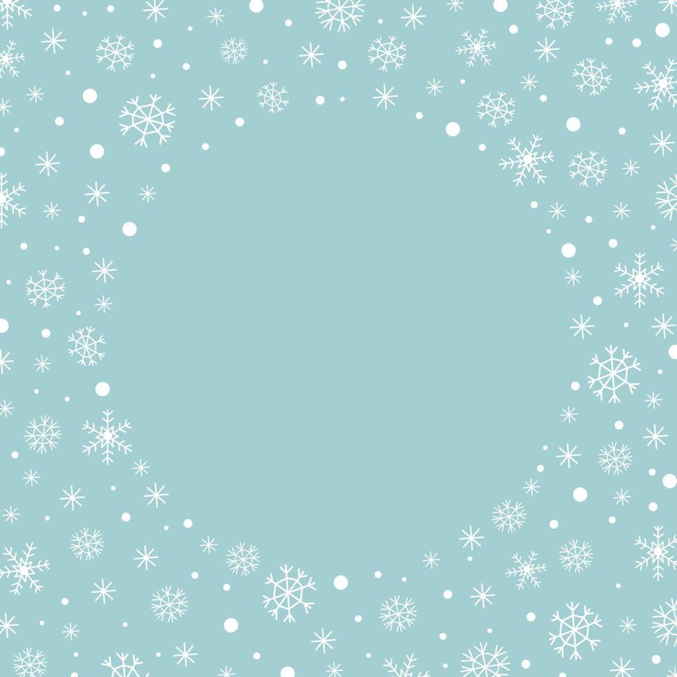 fondo de navidad abstracto con un marco redondo de copos de nieve blancos, nieve y un espacio para copiar en el centro. ilustración vectorial vector