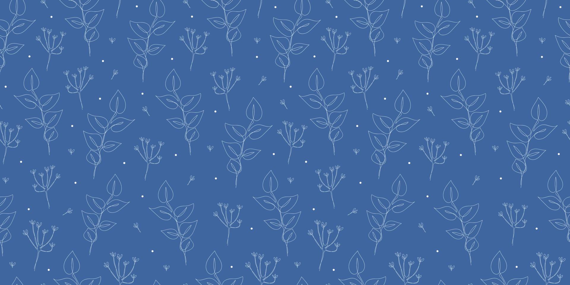 Seamless winter linear pattern with leaves and flowers. One line art