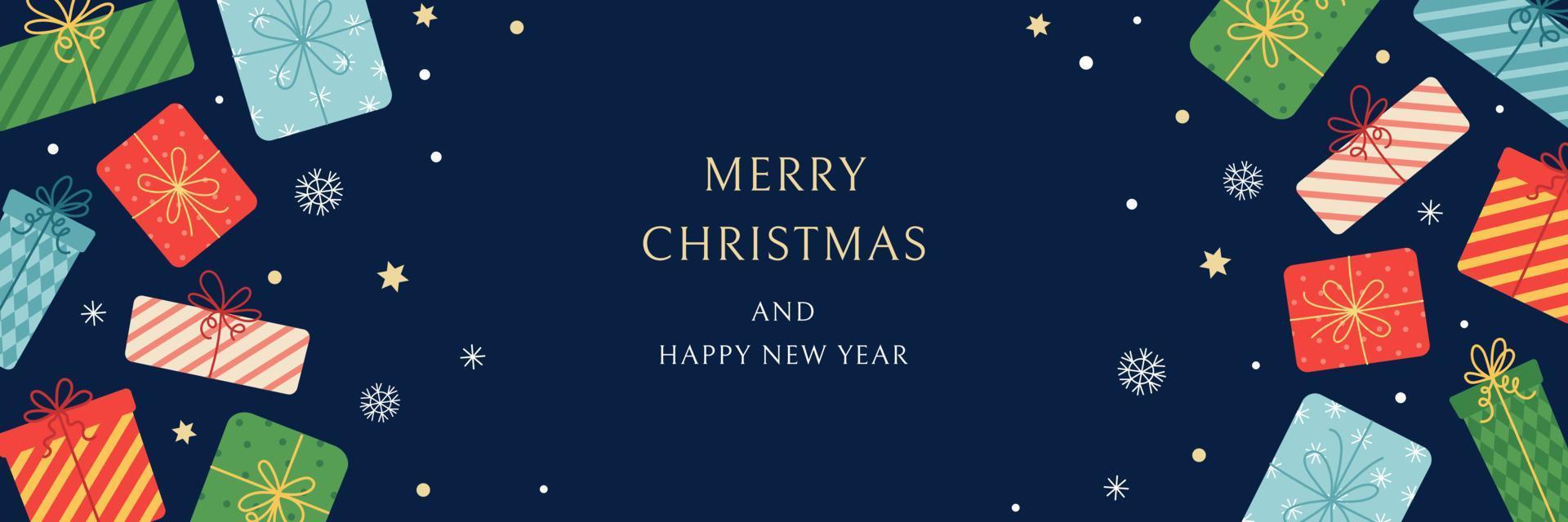 Merry Christmas banner, greeting card. Festive horizontal background with falling gift boxes, confetti and snowflakes. Christmas vector design