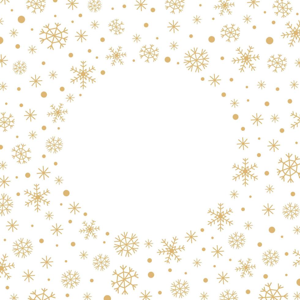 fondo blanco navideño abstracto con un marco redondo de copos de nieve dorados, nieve y espacio de copia en el centro. ilustración vectorial vector