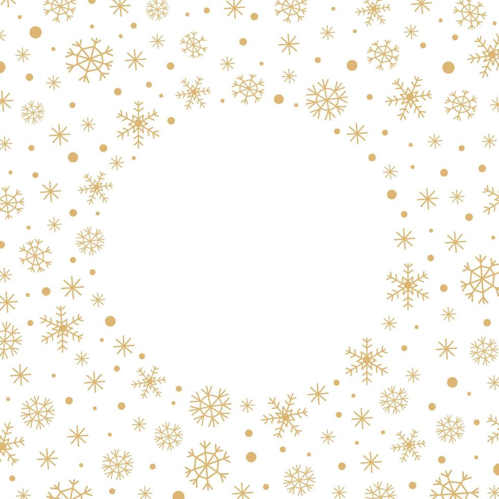 Abstract Christmas white background with a round frame of gold snowflakes, snow and copyspace in the center. Vector illustration.