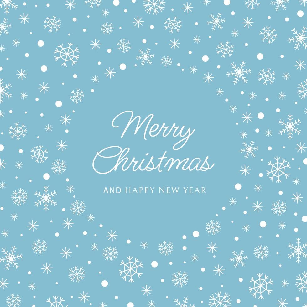 Christmas greeting card with a round frame of white snowflakes, snow on a blue background. Vector illustration.