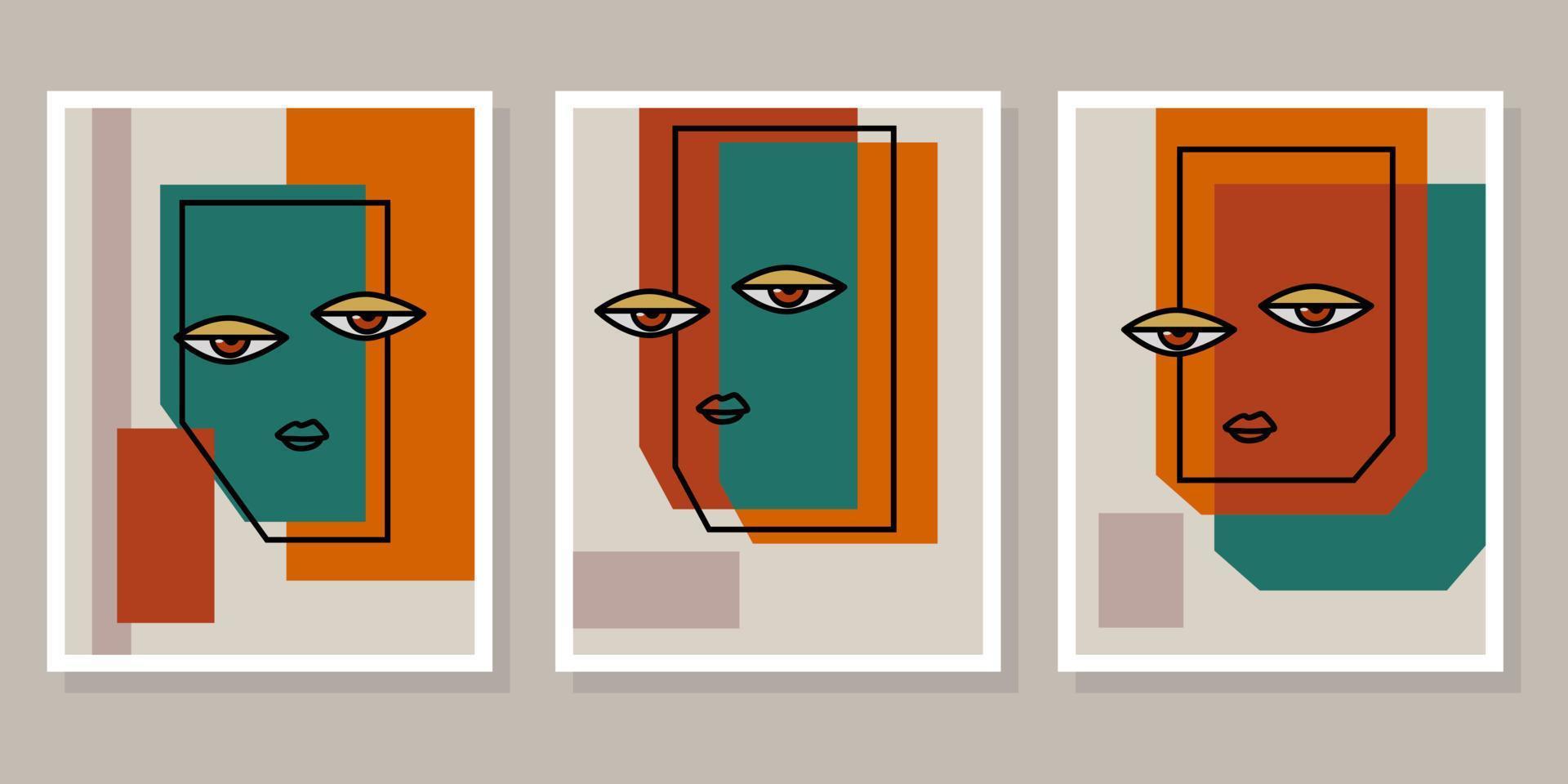 colección de plantillas de póster boho de cara de retrato de línea contemporánea abstracta vector