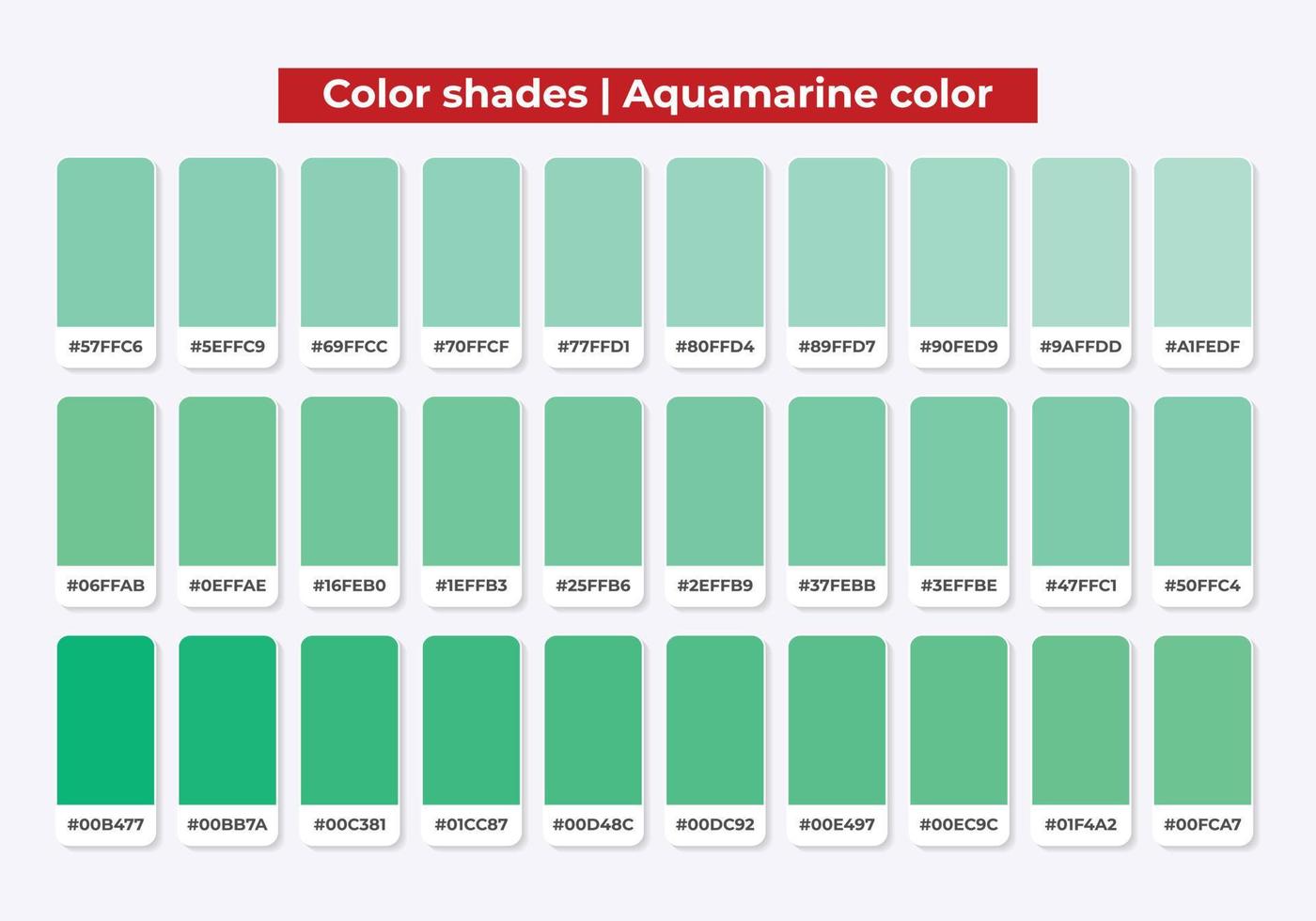 Aquamarine green color shades with RGB HEX for textile, fashion design, paint vector