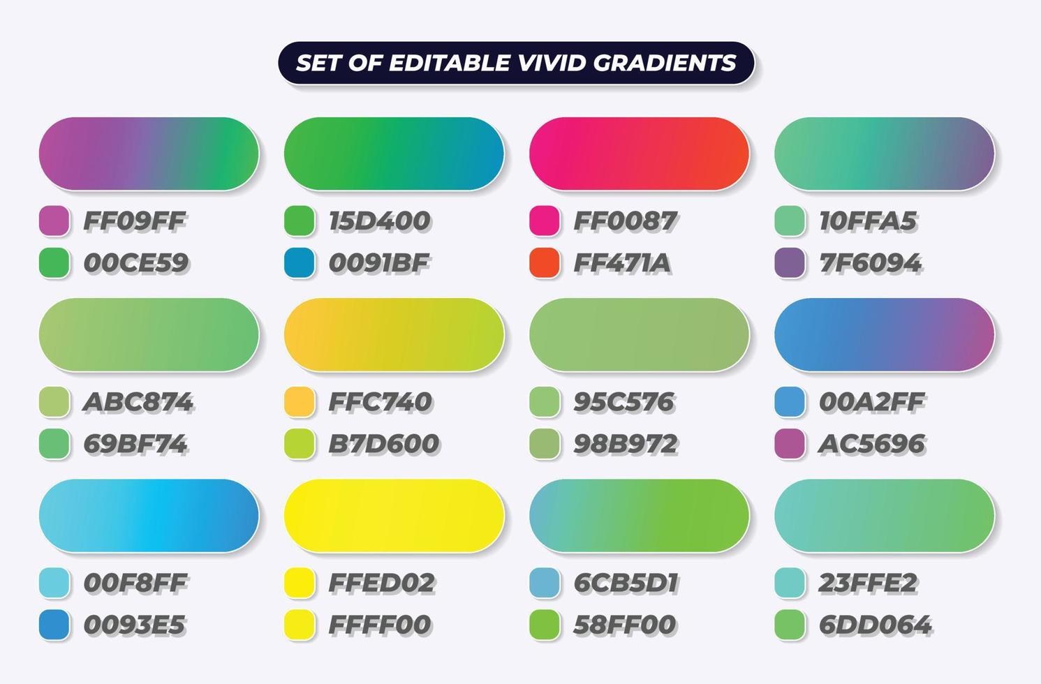 Set of green, blue, yellow, red, and neon vivid gradients with HEX codes vector