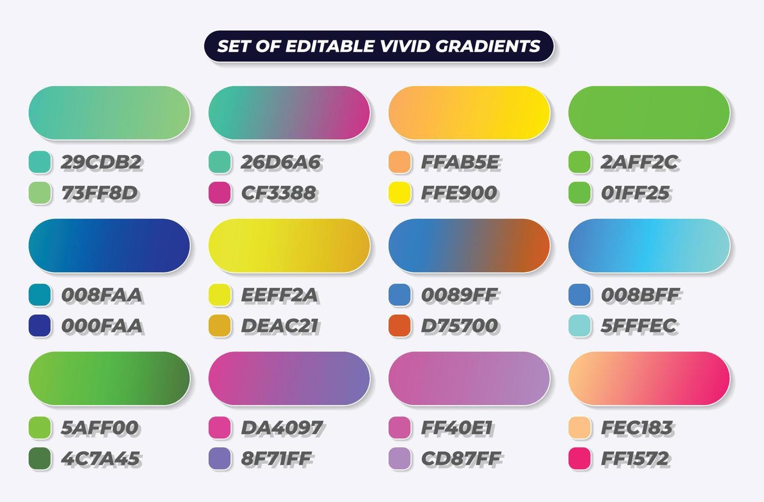 conjunto de degradados vivos verdes, azules, amarillos, morados y neón con códigos hexadecimales vector