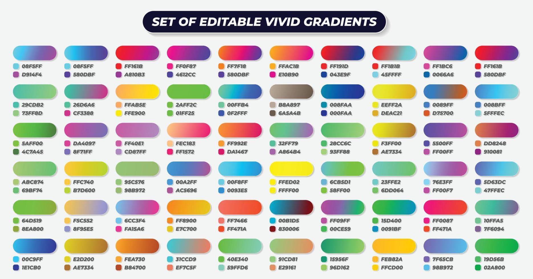 Vibrant gradient color square set with RGB HEX codes vector
